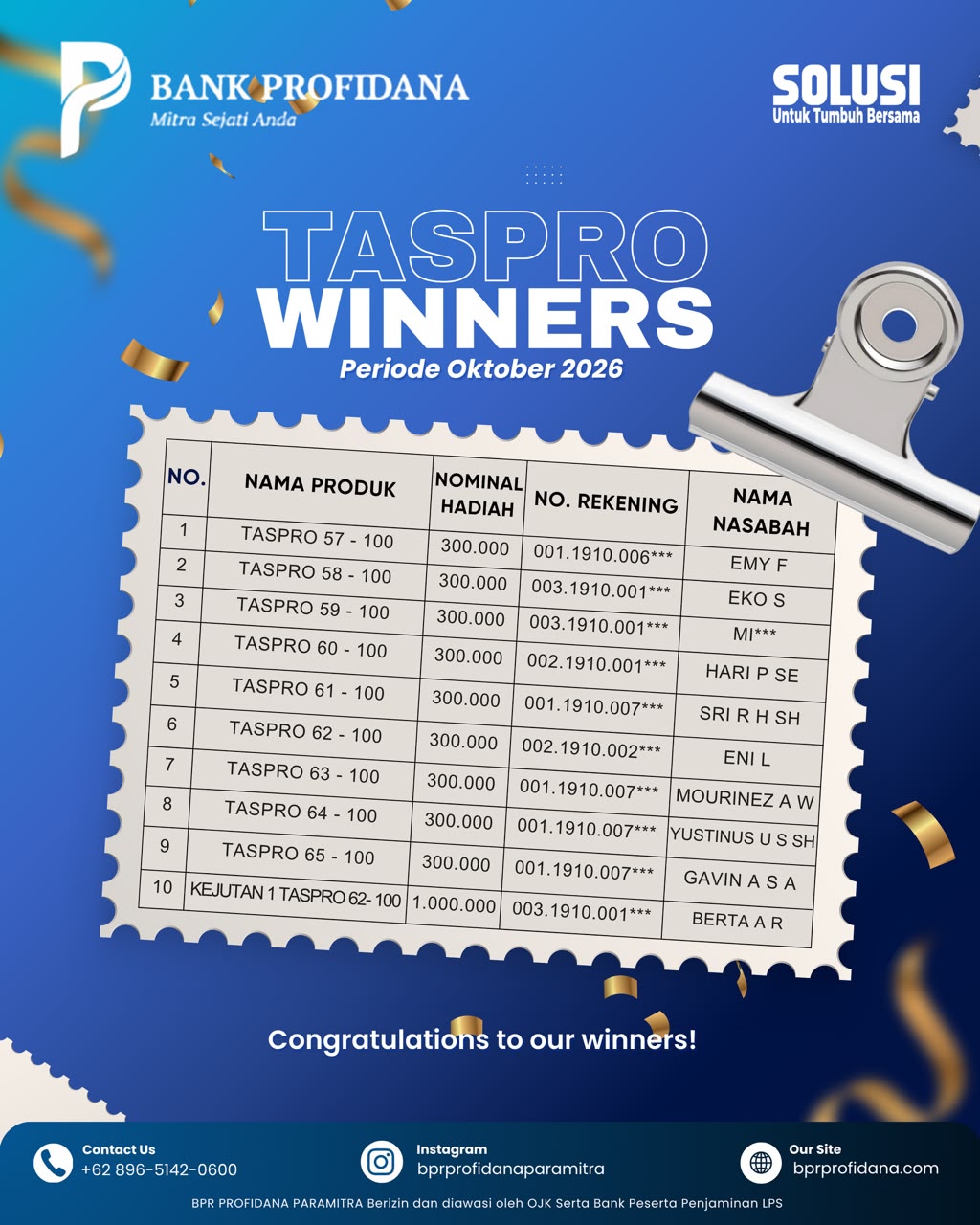 PEMENANG TABUNGAN TASPRO PERIODE OKTOBER 2026